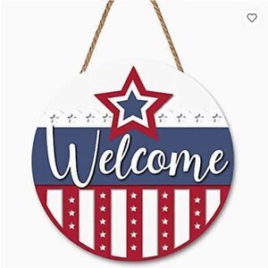 NEW! Farmhouse Americana Patriotic Stars Stripes Round Wooden Door Sign Welcome